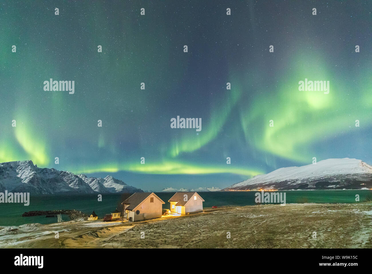 Les aurores boréales et les étoiles illuminent les maisons bois appelé Rorbu au bord de la mer, Djupvik, Alpes de Lyngen, Troms, Norvège, Scandinavie Banque D'Images