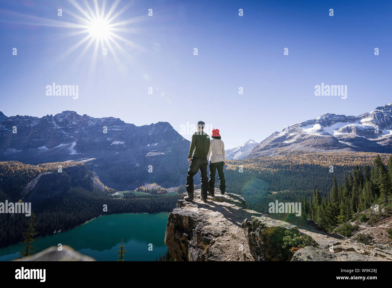 Les randonneurs à la recherche au niveau de la vue des montagnes des Alpes et du lac O'Hara, depuis le sentier du circuit alpin, le parc national Yoho, l'UNESCO, le Canada Banque D'Images