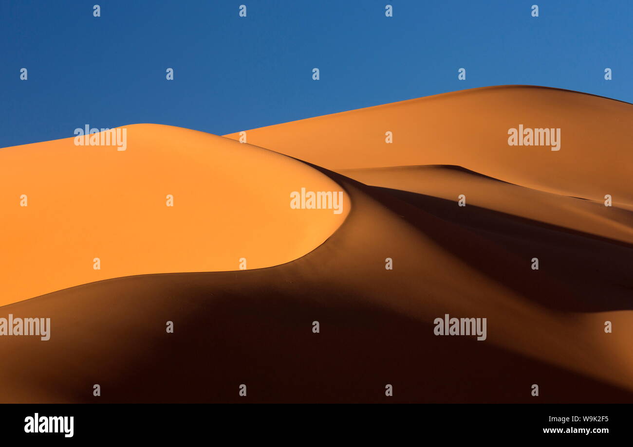 Les dunes de sable Orange et sable ondulations, Erg Chebbi, la mer de sable du désert du Sahara, près de Merzouga, Maroc, Afrique du Nord, Afrique Banque D'Images