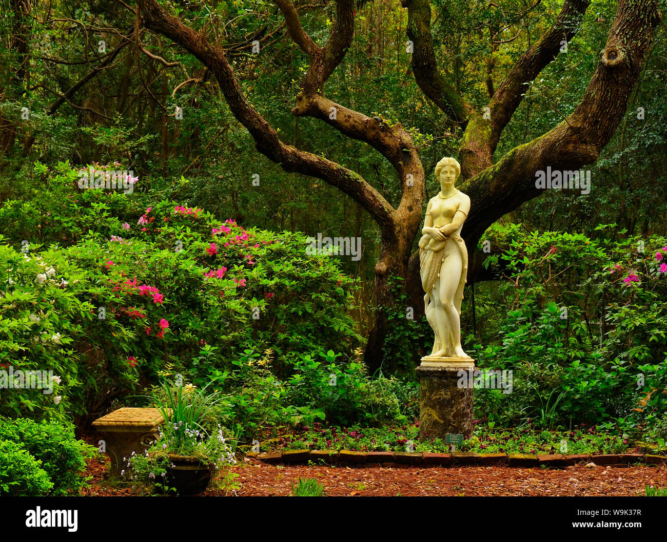 Statue de Virginia Dare, Elizabethan Gardens, The Grove, l'île de Roanoke, North Carolina, USA Banque D'Images
