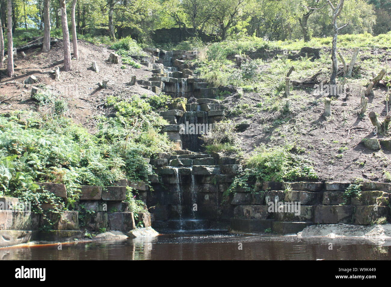 Image d'une chute sur la pierre et dans une coupe vers le bas en bois, un petit lac à Rivington Pike Banque D'Images