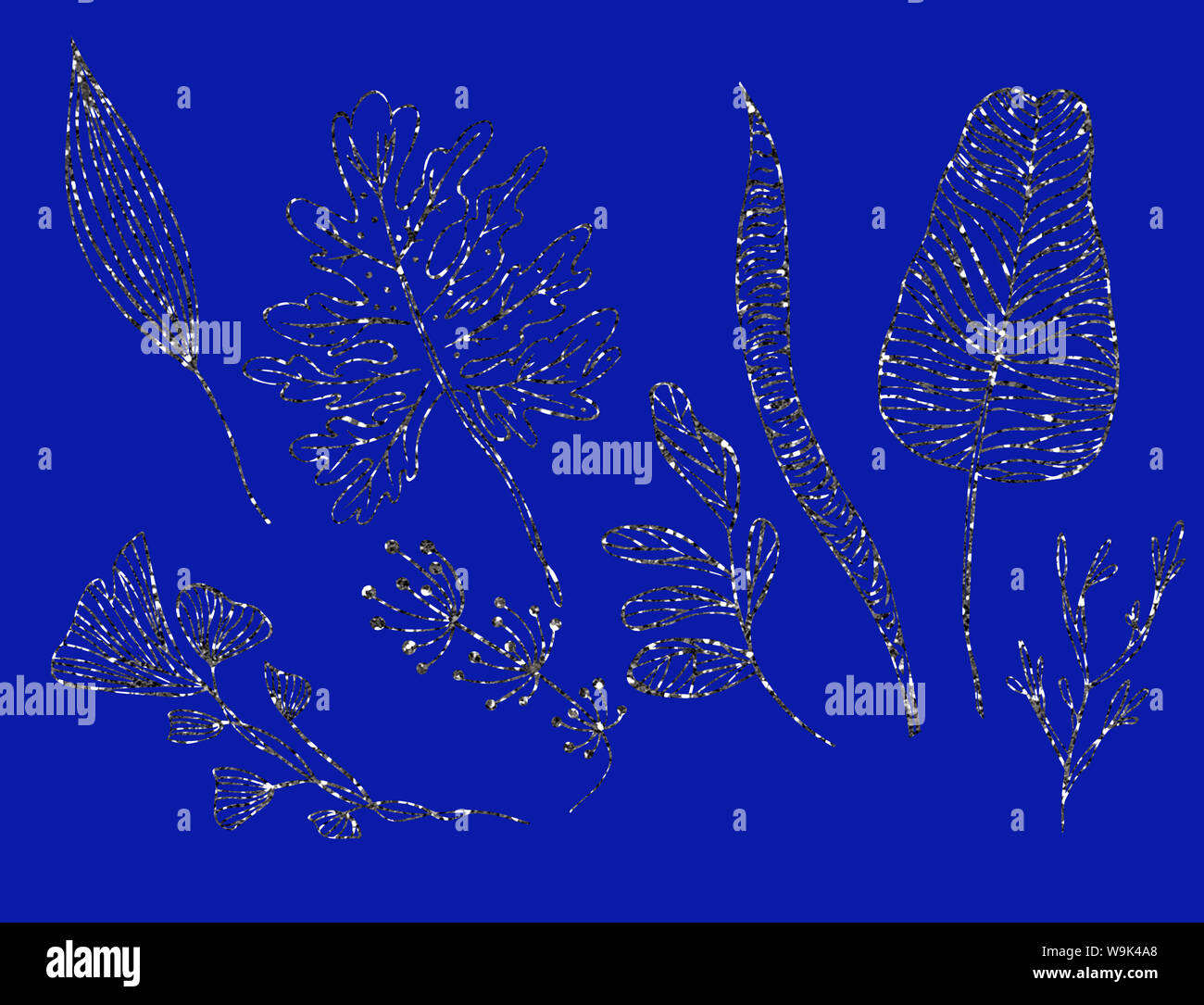 Croquis dessin Illustration de couleur argent avec des feuilles de contour scintille de plantes exotiques sur une couche isolée comme un ensemble Banque D'Images