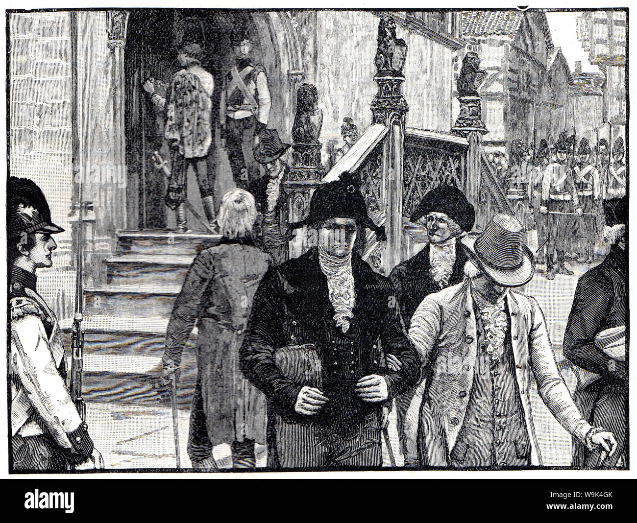 Expulsion des professeurs de l'Université d'Anvers, illustration en noir et blanc ; Banque D'Images