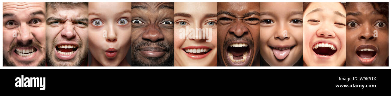 Close up portrait of young people. Les émotions humaines, l'expression faciale concept. Modèles de différentes ethnies à la caméra et au sourire, crier, en colère et heureux. Collage créatif pour votre annonce. Banque D'Images