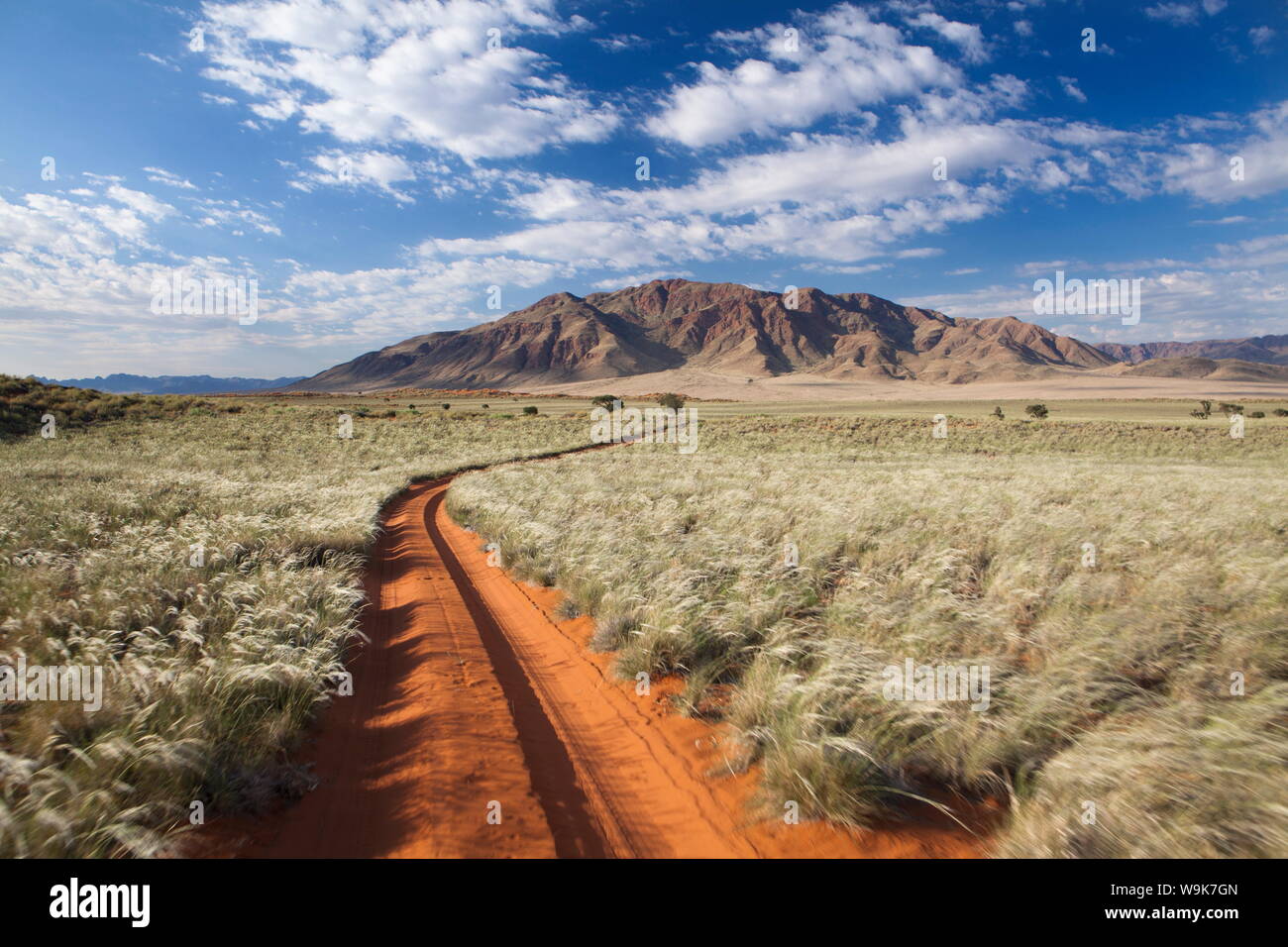 Chemin de sable au-delà des montagnes, paysage herbeux vers Wolwedans Namib Rand, réserve de chasse, Namib Naukluft Park, Namibie, Afrique Banque D'Images
