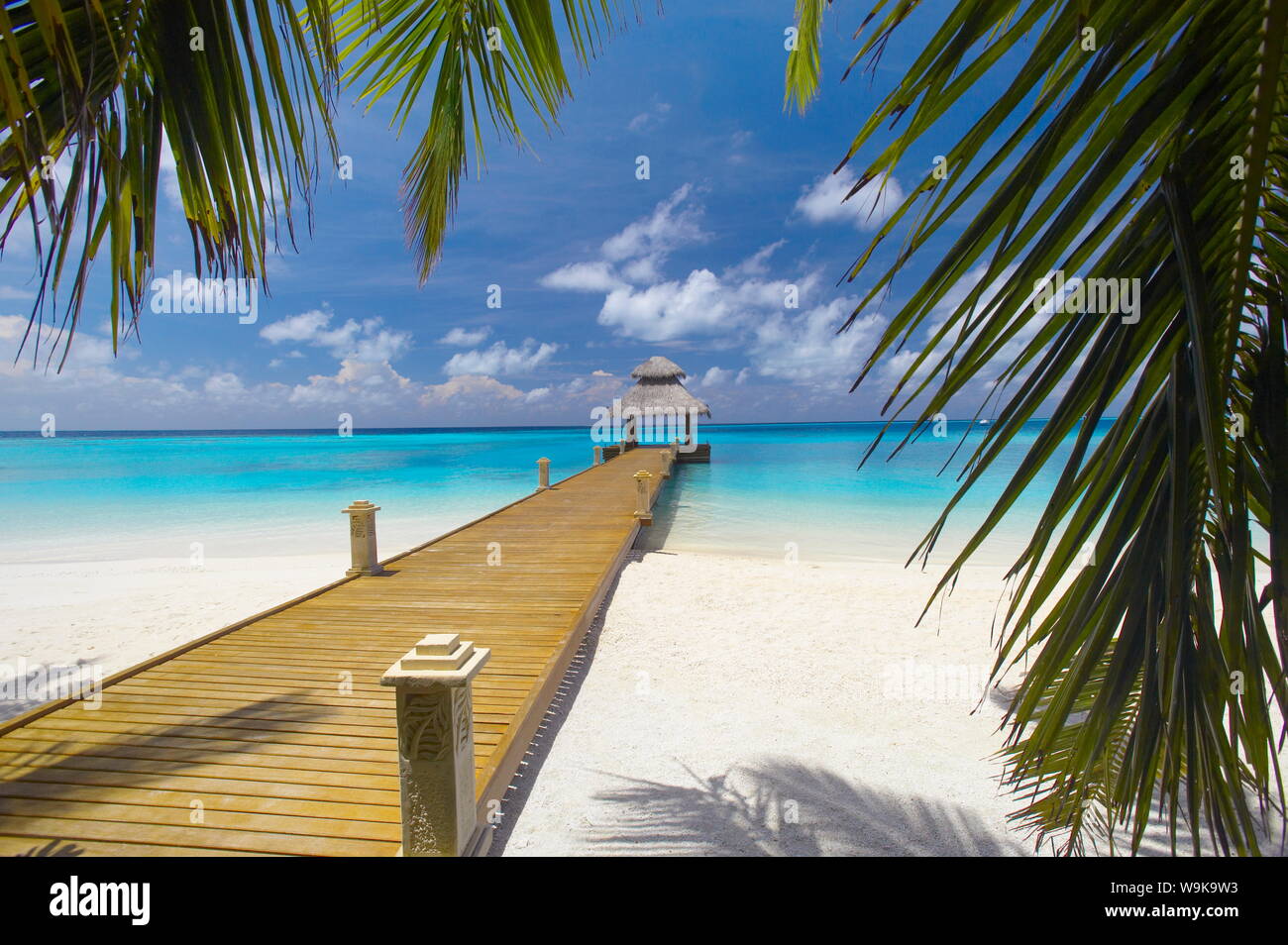 Jetty menant à la mer tropicale, Maldives, océan Indien, Asie Banque D'Images