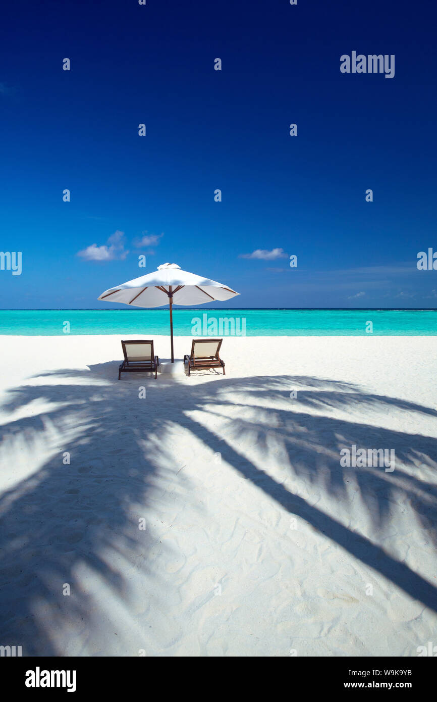 Transats et plage tropicale, Maldives, océan Indien, Asie Banque D'Images