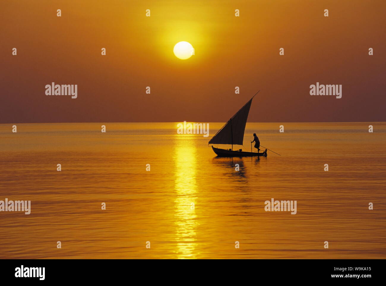La voile traditionnelle dhoni au coucher du soleil, les Maldives, l'Océan Indien, l'Asie Banque D'Images