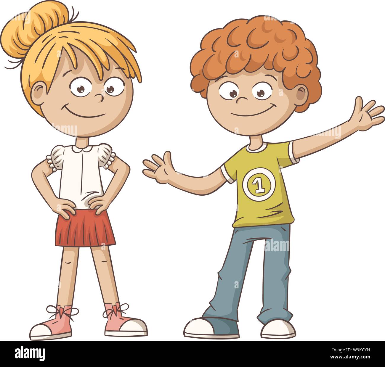 Deux smiling cartoon kids. Hand drawn vector illustration. Chacun sur un calque différent. Illustration de Vecteur