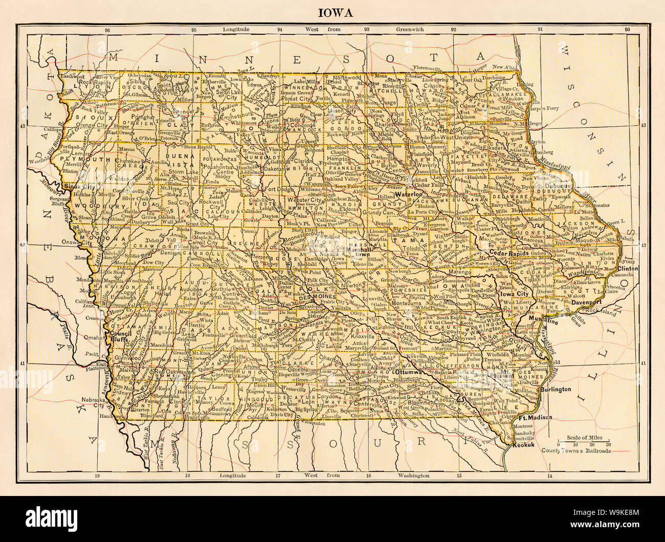 La carte de l'Iowa, 1870. Lithographie couleur Banque D'Images