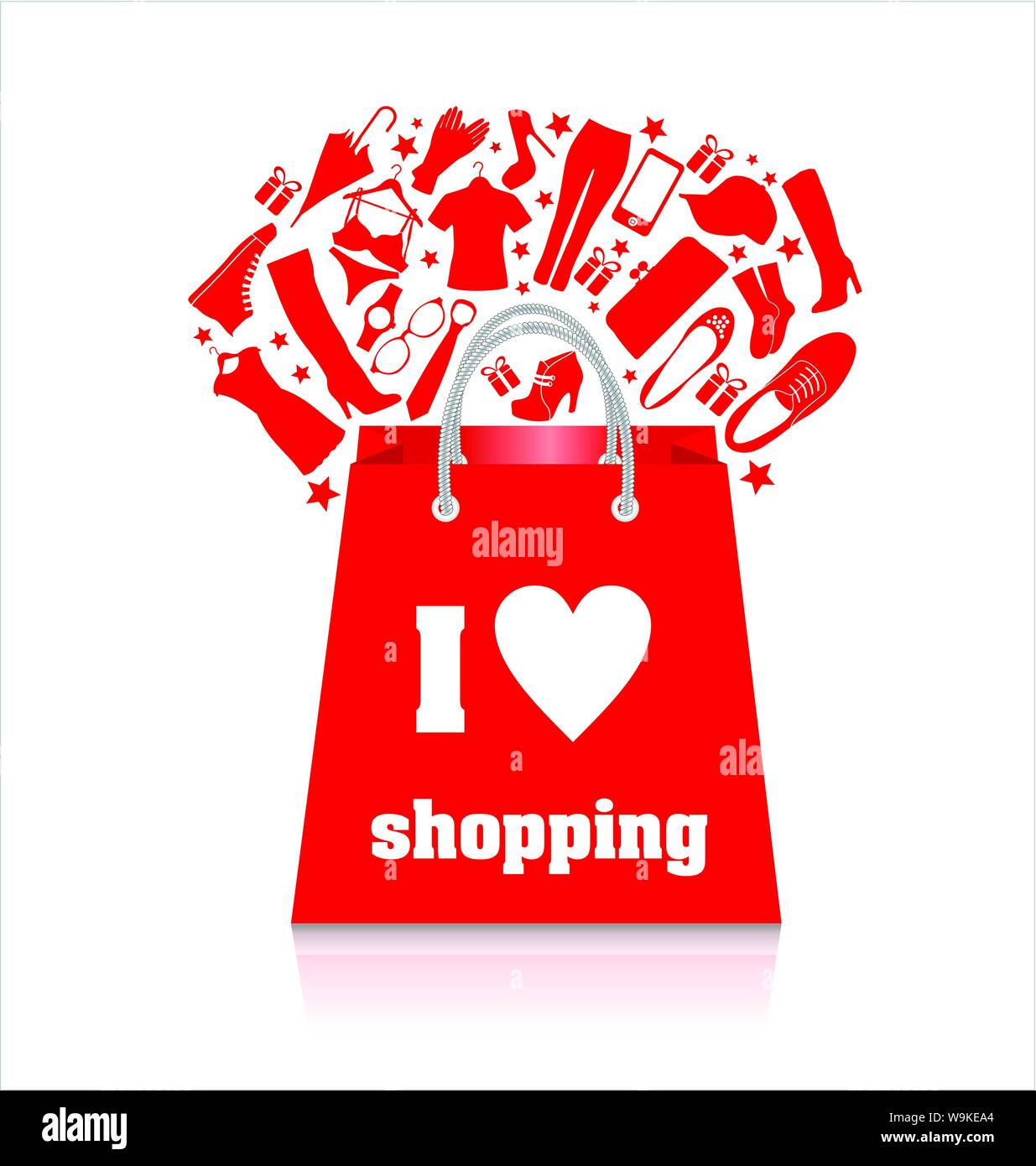 Sac shopping vente en rouge avec des vêtements on white Illustration de Vecteur