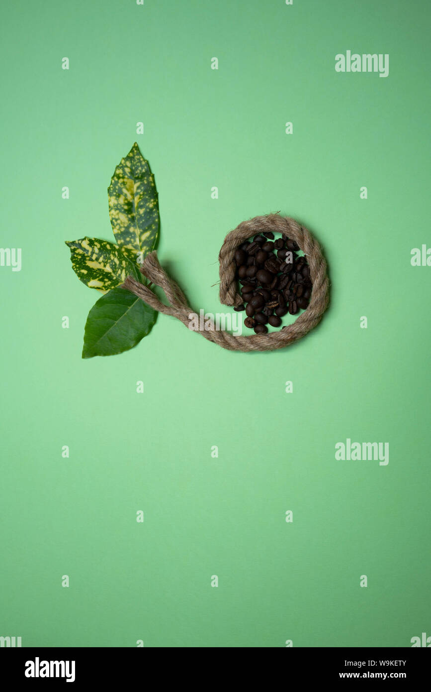 Un morceau de corde enroulée autour de quelques grains de café avec des feuilles. Symbole de la croissance durable, produits naturels. Banque D'Images