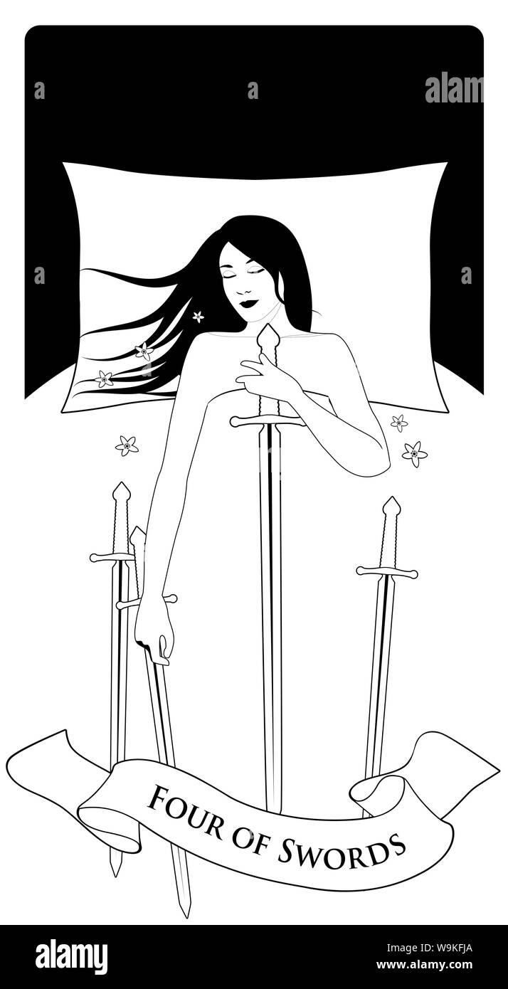 Quatre d'épées. Femme dormir sur un lit blanc, tenant une épée. Trois épées sur le lit. Illustration de Vecteur