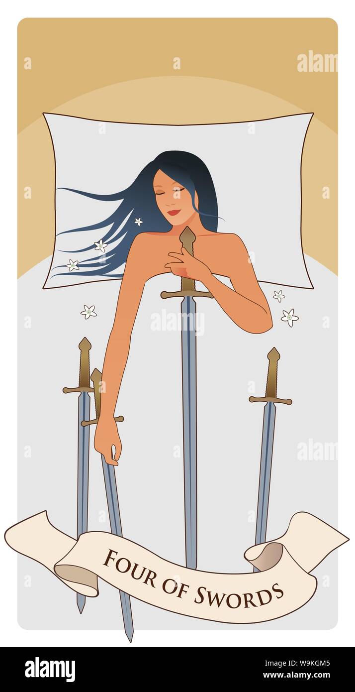 Quatre d'épées. Femme dormir sur un lit blanc, tenant une épée. Trois épées sur le lit. Illustration de Vecteur