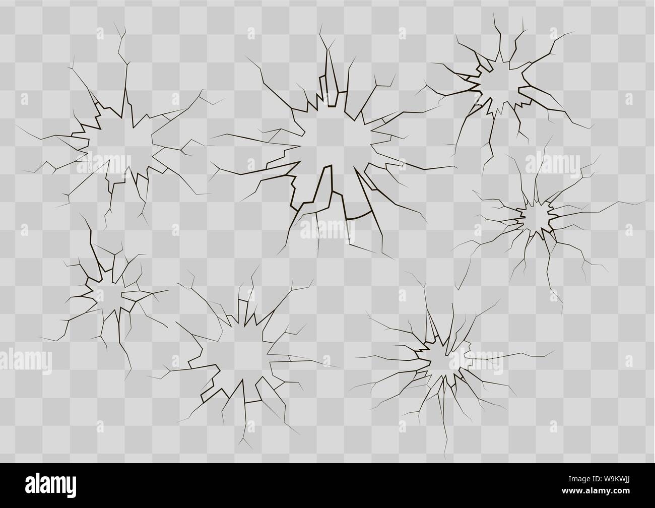 Ensemble d'éclats de verre noir des fissures sur fond transparent Illustration de Vecteur