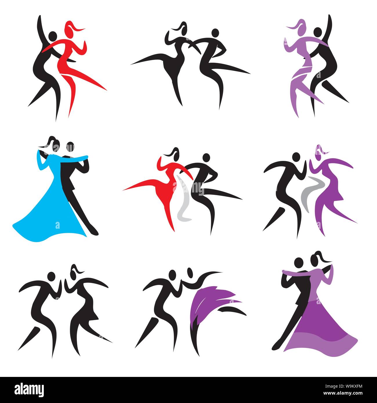 Icônes de la danse. Ensemble d'icônes avec les couples danser, moderne et classique disco dance. Vector disponibles. Illustration de Vecteur