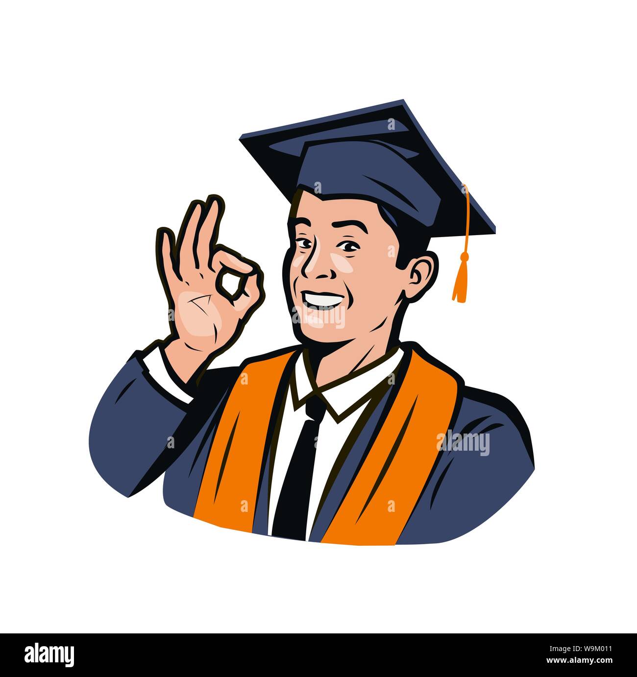 Happy student in graduation robe et chapeau. L'obtention du diplôme, vector illustration Illustration de Vecteur