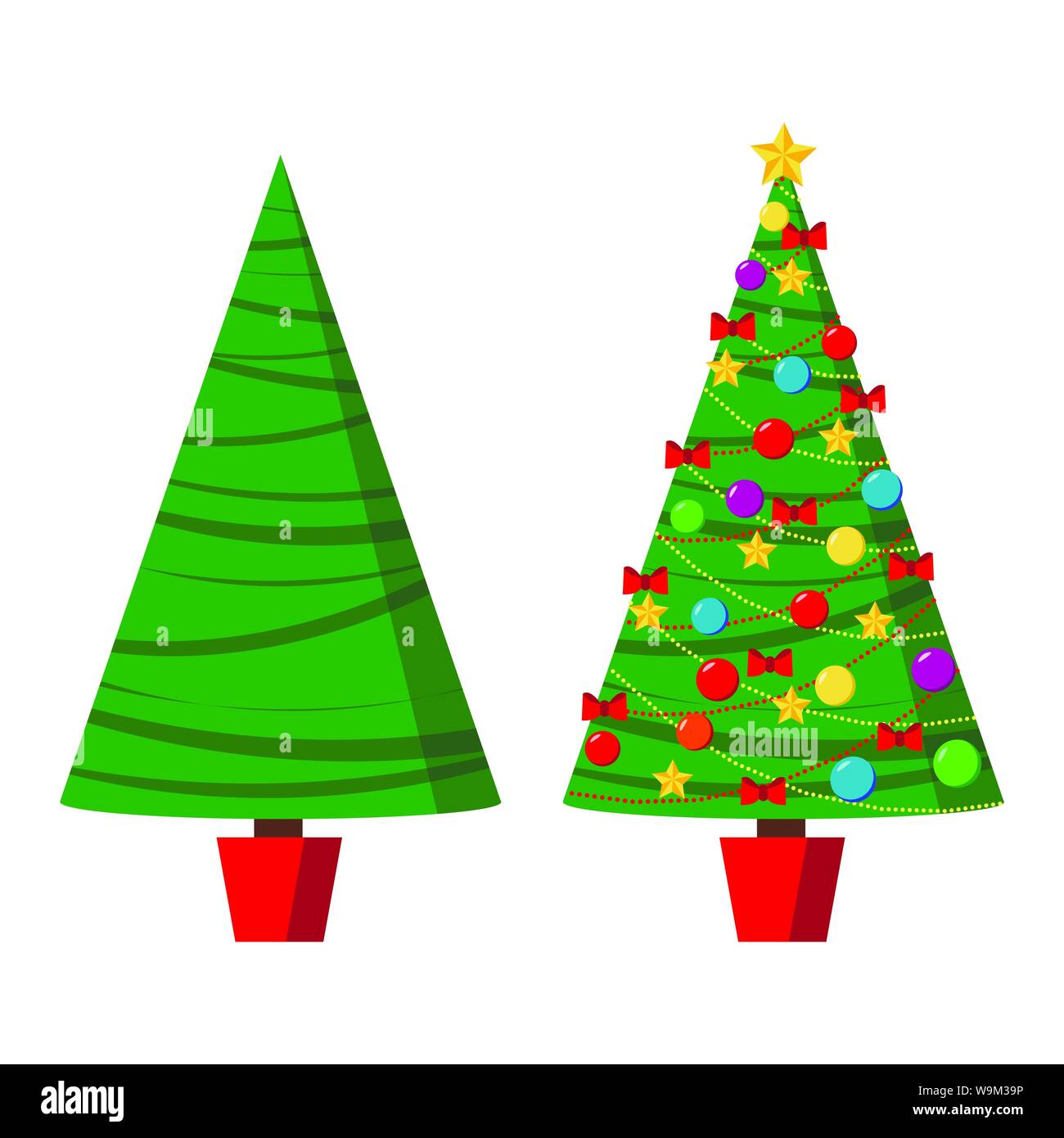 Icon Set avec spruse vert et l'arbre de Noël décoré dans un pot avec étoiles, boules de décoration et d'arcs Illustration de Vecteur