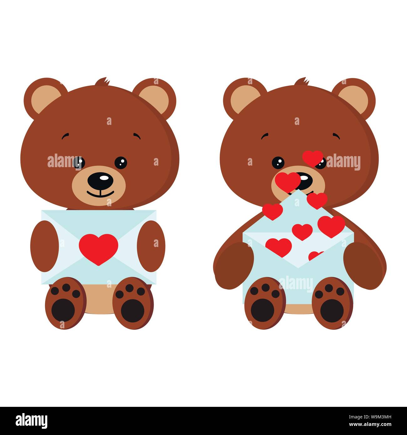 Ensemble romantique mignon bébé ours en peluche brun assis dans la pose avec lettre d'amour à patte. Illustration de Vecteur