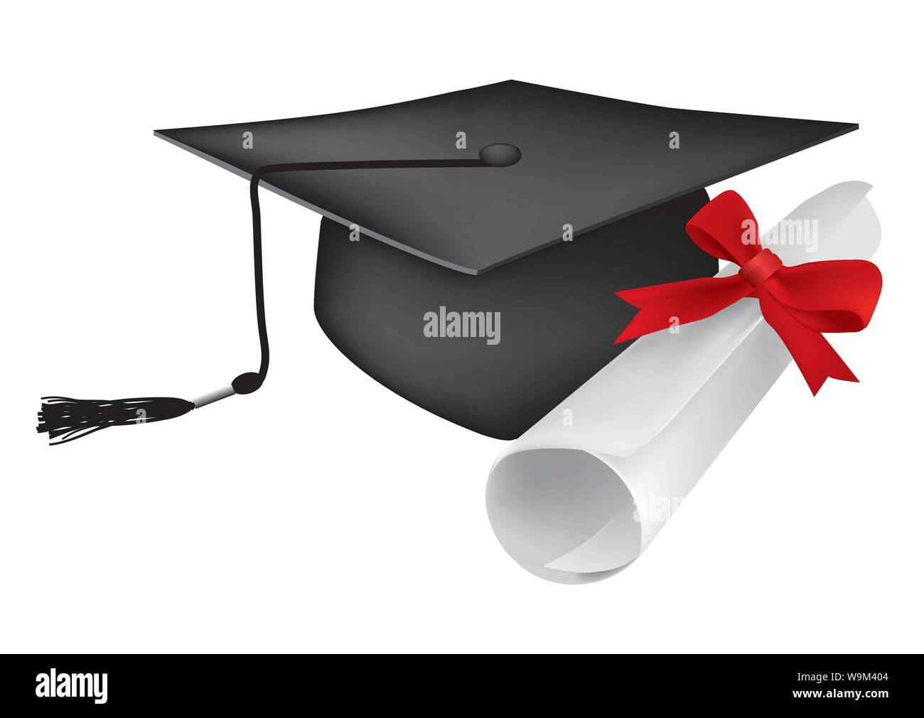 Graduation cap noir avec pompon et diplôme. Isolé sur fond blanc. Vector disponibles. Illustration de Vecteur