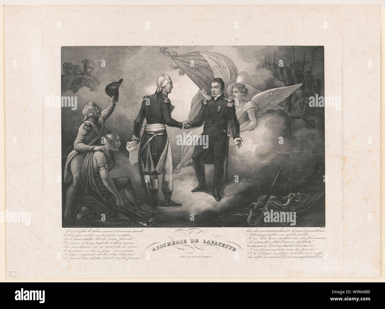 Apothéose de Lafayette Résumé : en français imprimer allégorique qui salue les anges et George Washington Lafayette dans les nuées du ciel. Les Indiens américains figurent parmi les nuages en haut à gauche. Un Indien avec un tomahawk s'accroupit sur un genou fléchi en bas à gauche. Soldats français en formation mars haut à droite. Une hydre avec une baïonnette guards Lafayette bas à droite. Banque D'Images