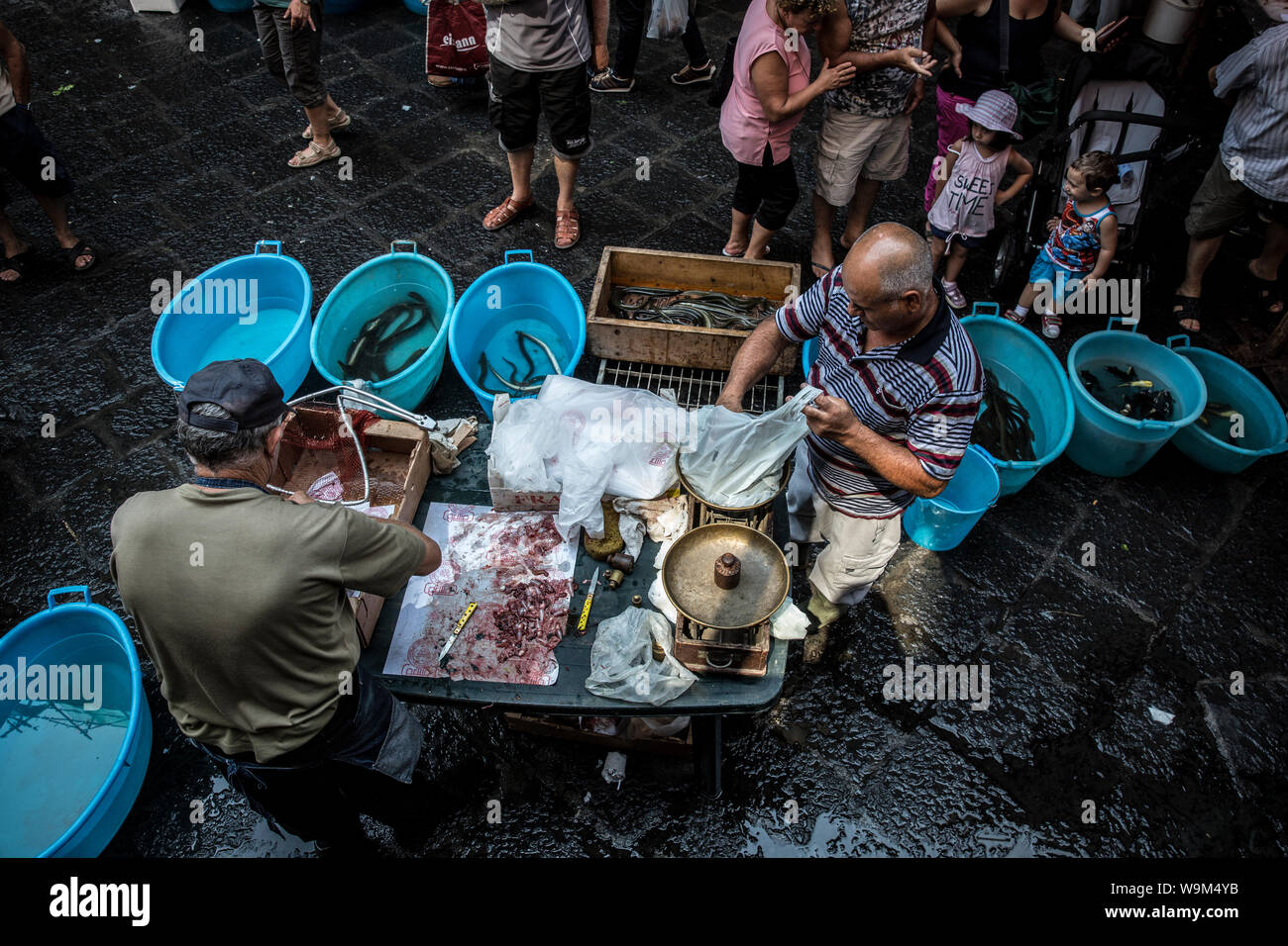 Poissonniers et un étal vendant les anguilles à la Pescheria. Catane, Sicile, Italie Banque D'Images