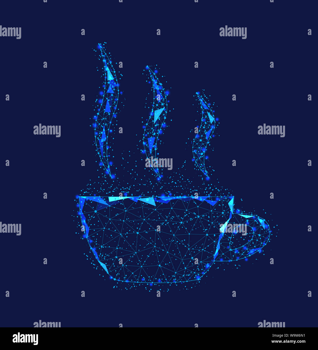 Tasse de café chaud avec de la vapeur à partir de triangles et de points lumineux. Illustration polygonal sur fond bleu Banque D'Images