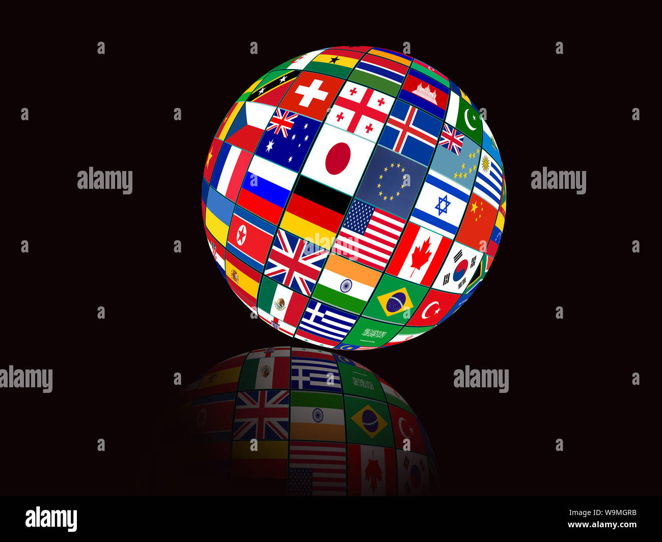Globe du pavillon avec différents drapeaux de pays sur fond noir Banque D'Images