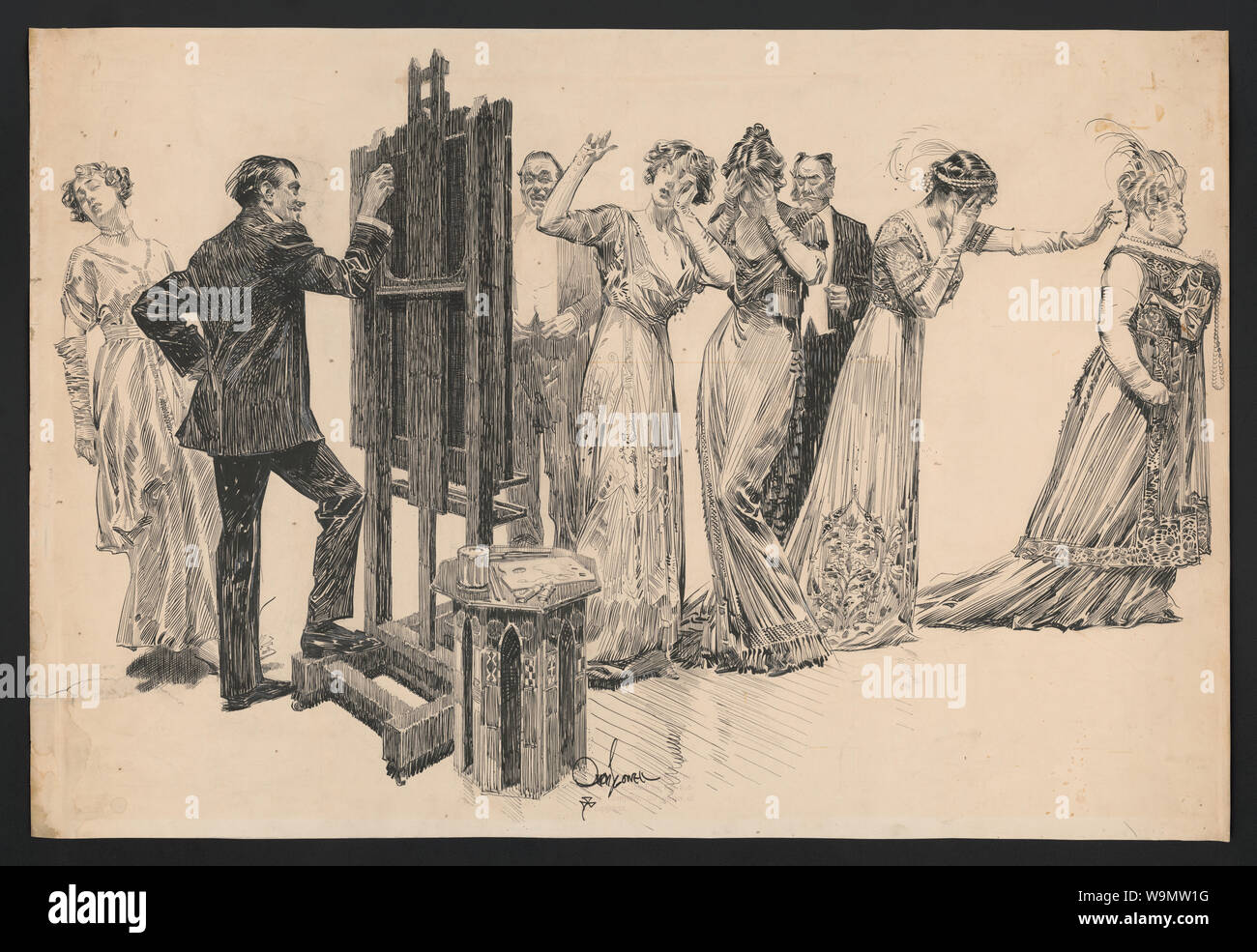 Artiste représente une nouvelle œuvre pour des réactions mixtes] / Orson Lowell Banque D'Images