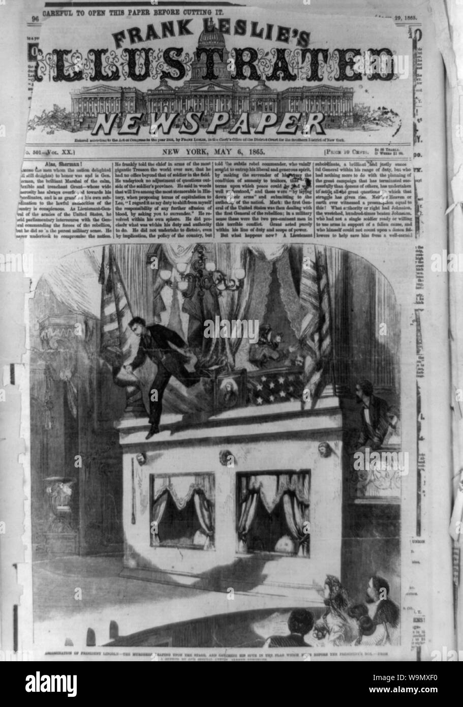 Assassinat du président Lincoln - l'assassin en sautant sur la scène, et attraper son impulsion dans le drapeau qui pendait devant le fort du président Banque D'Images