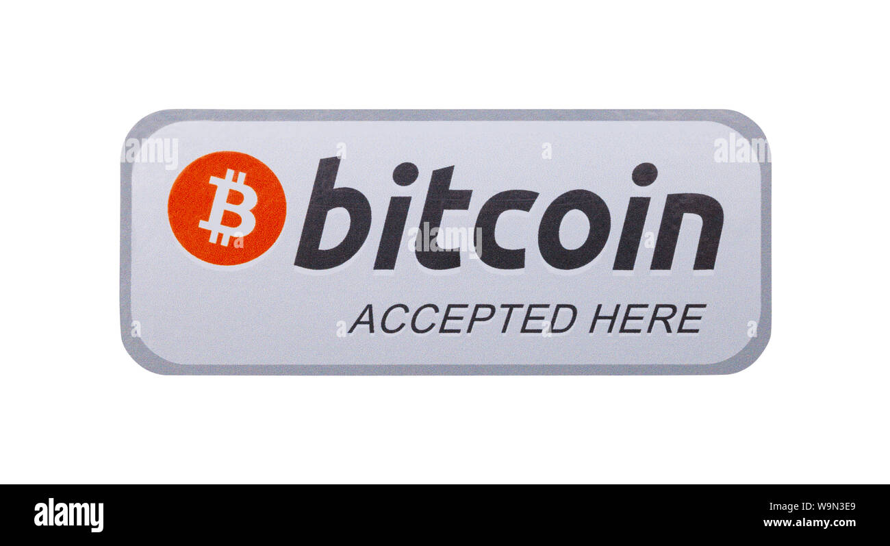 Autocollant Bitcoin signe isolé sur fond blanc. Banque D'Images