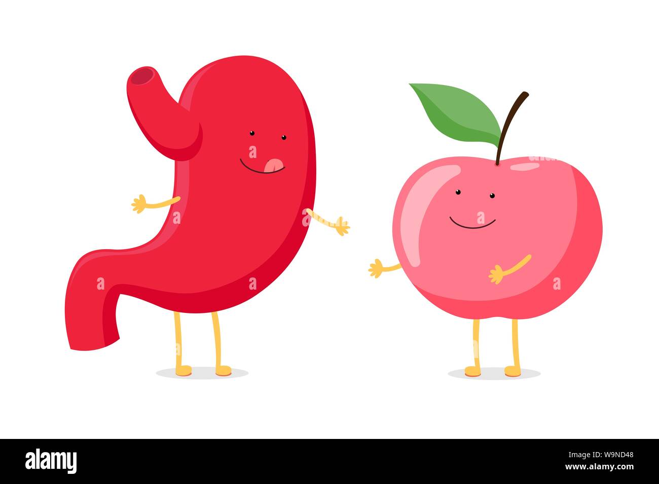 Forte bonne santé estomac heureux sourire léchant lèvres délicieux personnage d'émotion avec pomme rouge. Organe du système digestif humain avec alimentation écologique. Illustration végétale vectorielle Illustration de Vecteur