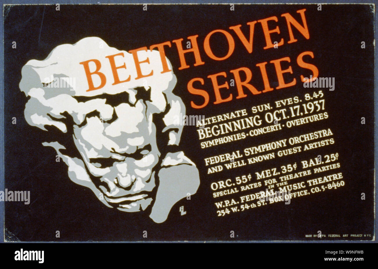 Résumé de la série Beethoven : Affiche du buste portrait de Ludwig van Beethoven avec texte fournissant des informations sur des séries de concerts. Banque D'Images