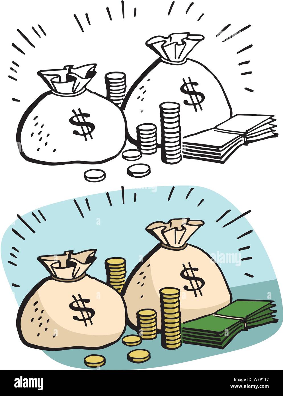 Une caricature de sacs d'argent et de piles d'argent. Illustration de Vecteur