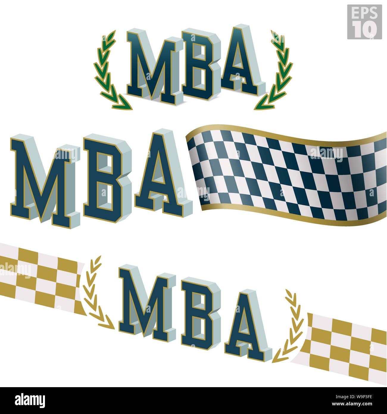 MBA, Masters of Business Administration avec couronne de laurier et drapeau à damier pour programme de formation rapide rapide ou cours collégial. Illustration de Vecteur
