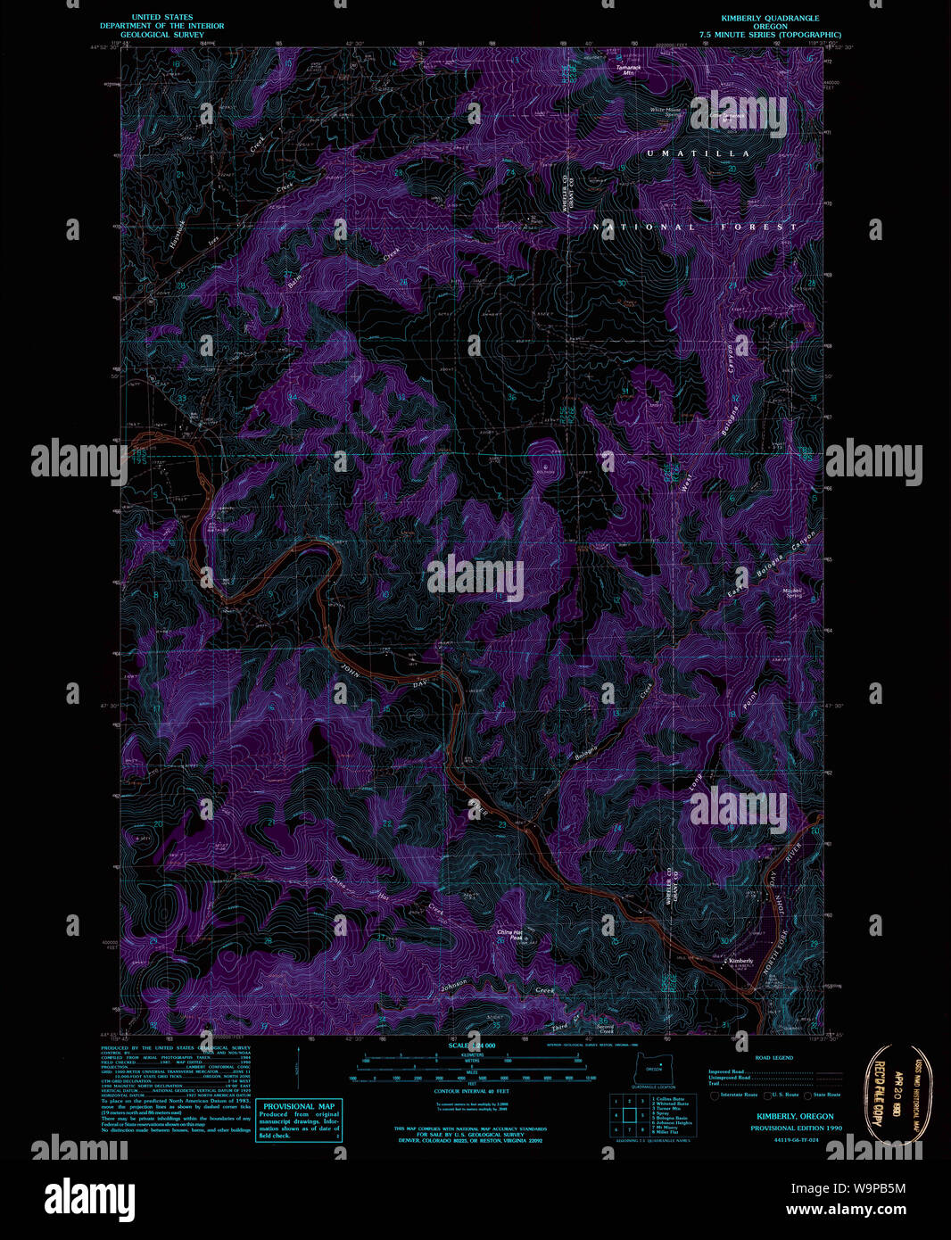 Carte de l'USGS Topo Oregon Kimberly 2804051990 24000 Restauration inversé Banque D'Images