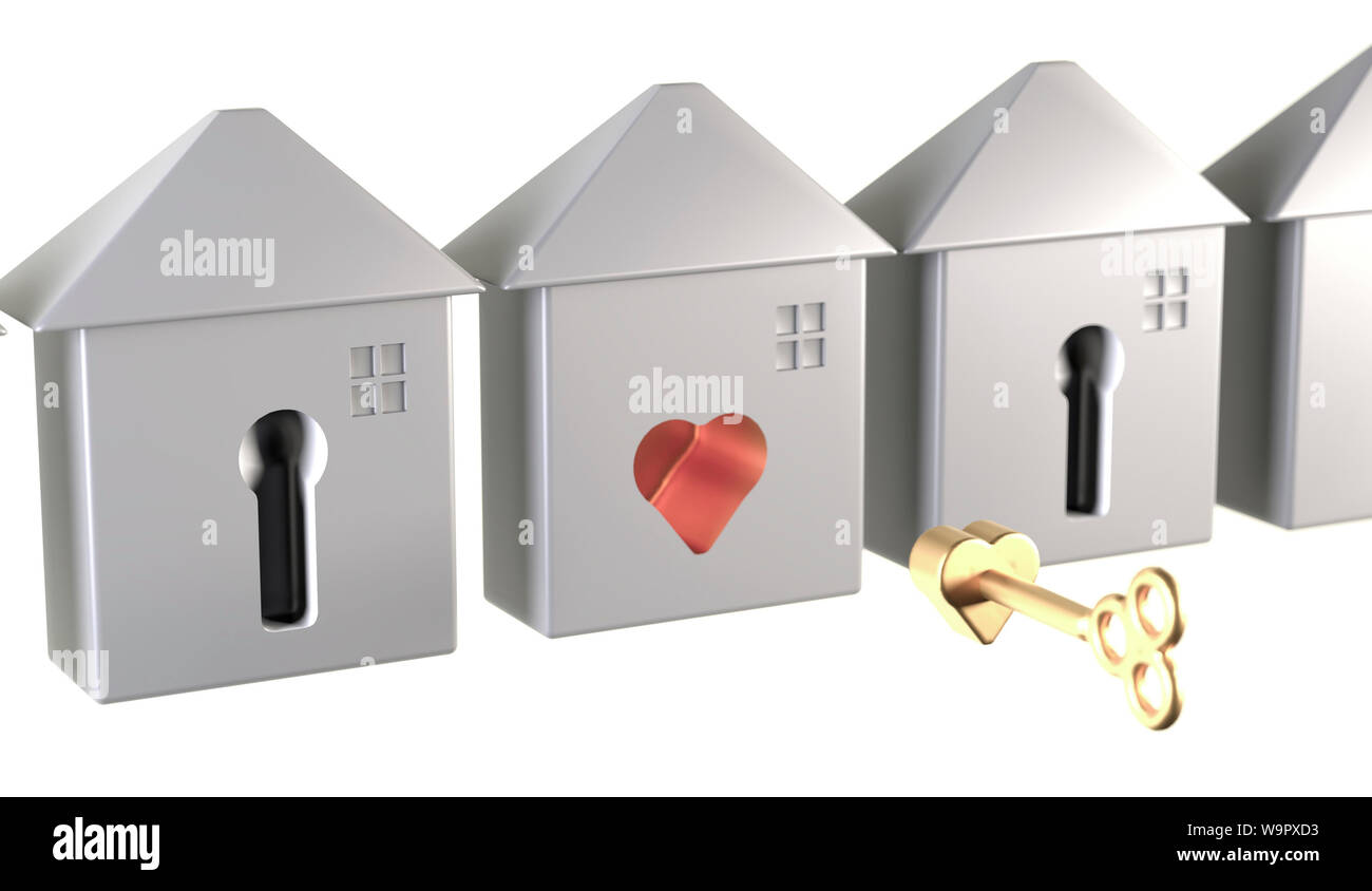 Le rendu 3D clé de bonheur heureux accueil clés de premier ajustement parfait accueil amour affection heureux marché du logement clé en or occasion concept Banque D'Images