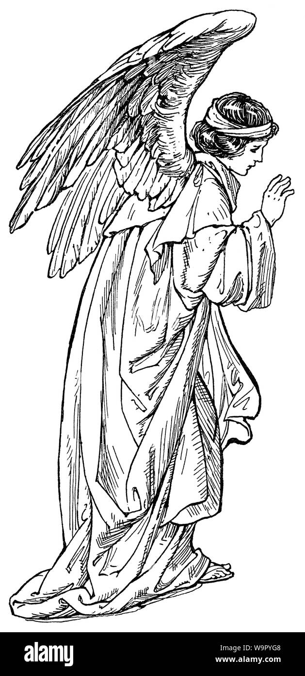 Illustration en noir et blanc d'un ange à partir d'un livre pour enfants de style édouardien. Banque D'Images