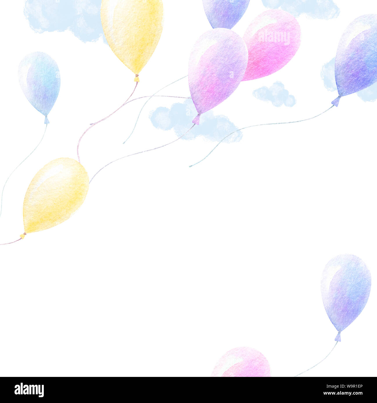 Jolie aquarelle. Ballons colorés voler dans le ciel bleu, nuages, fond blanc. Article de fond de l'affiche de la douche de bébé. La qualité d'impression. Les enfants à l'aquarelle Banque D'Images