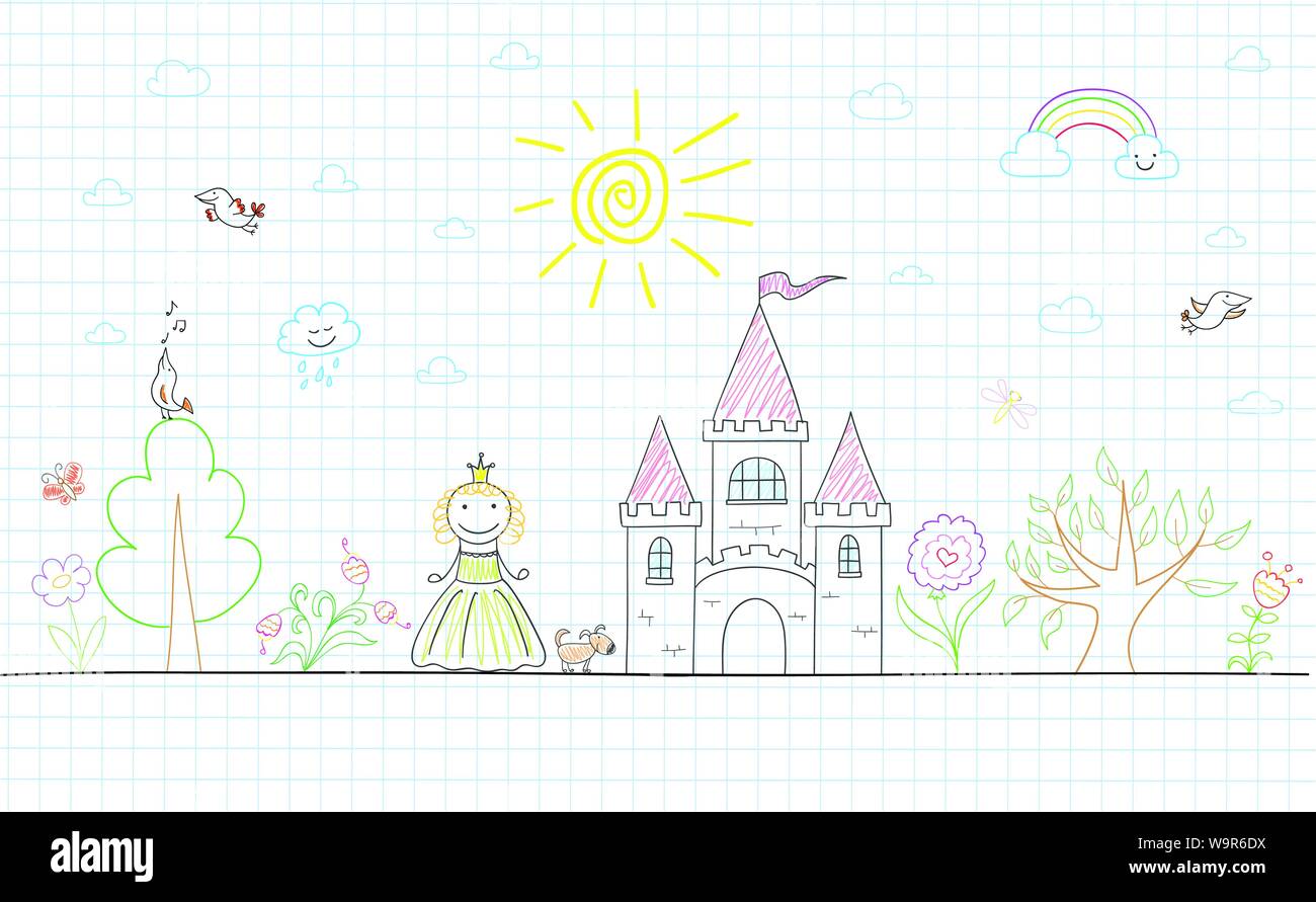 Dessin Vectoriel Avec Happy Petite Princesse Chateau Chien Arbre Soleil Nuages Arc En Ciel Et De Fleurs Croquis Sur La Page De L Ordinateur Portable Image Vectorielle Stock Alamy
