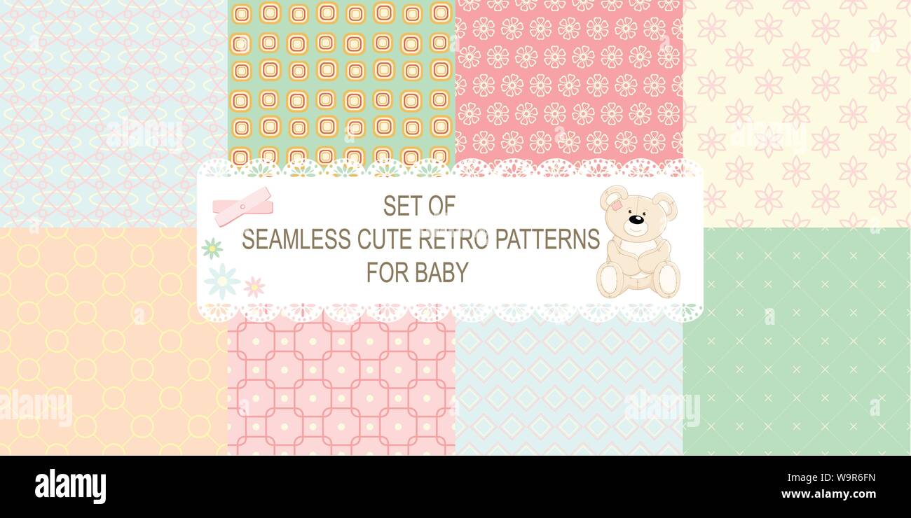 Set de 8 différents modèles retro seamless vector (carrelage) de bleu, ivoire, rose et vert. Texture sans fin peut être utilisé pour trames, web p Illustration de Vecteur