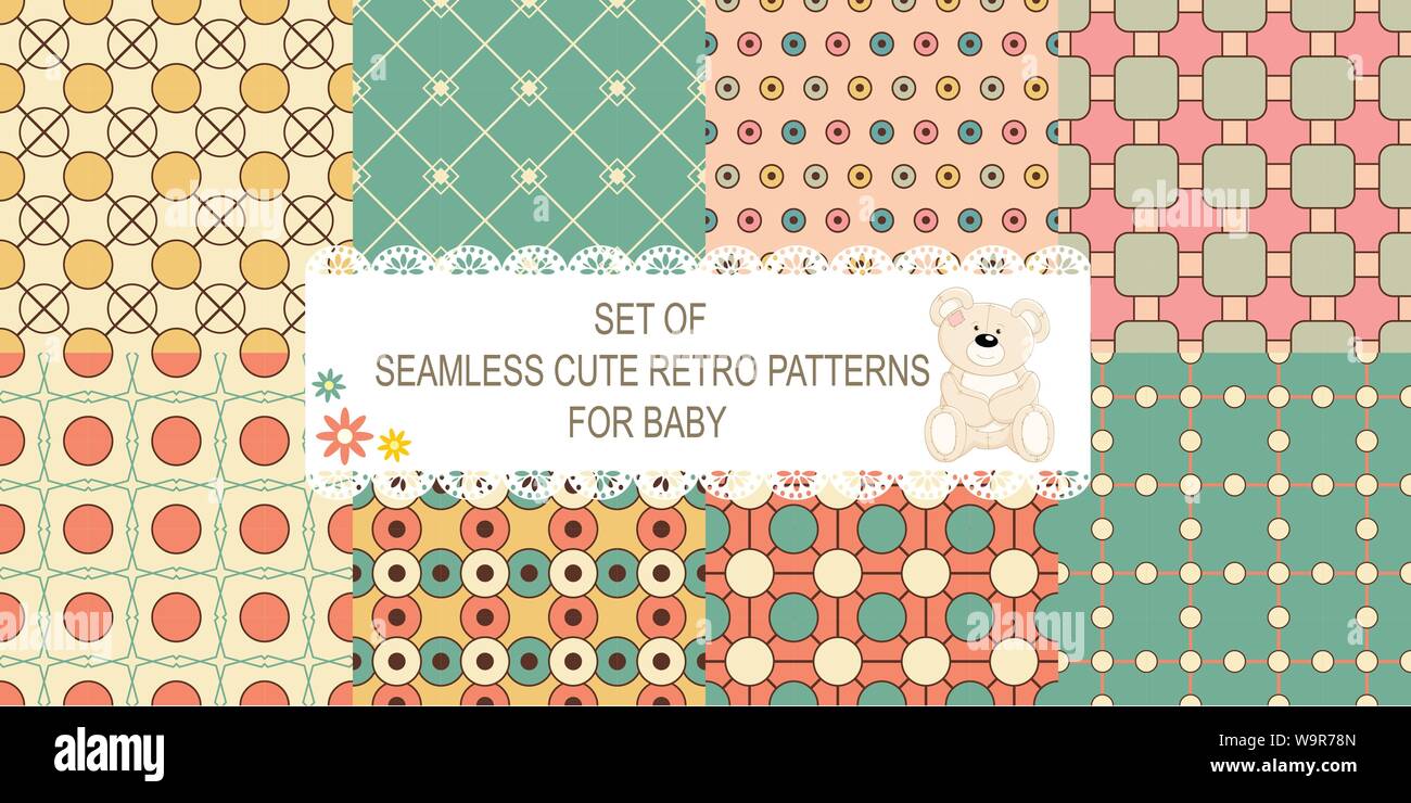 Set de 8 différents modèles retro seamless vector (carrelage) de bleu, ivoire, rose et vert. Texture sans fin peut être utilisé pour trames, web p Illustration de Vecteur