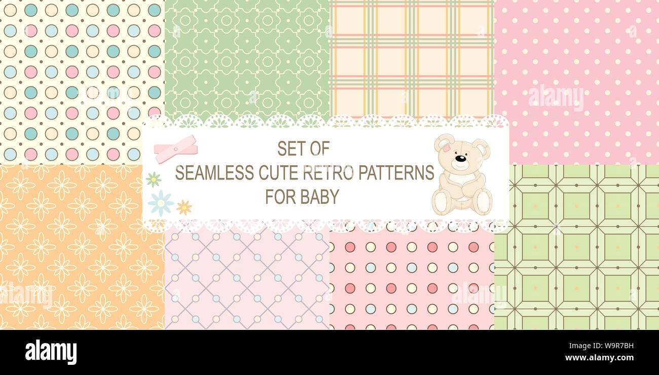 Set de 8 différents modèles retro seamless vector (carrelage) de bleu, orange, ivoire, rose et vert. Texture sans fin peut être utilisé pour motif Illustration de Vecteur