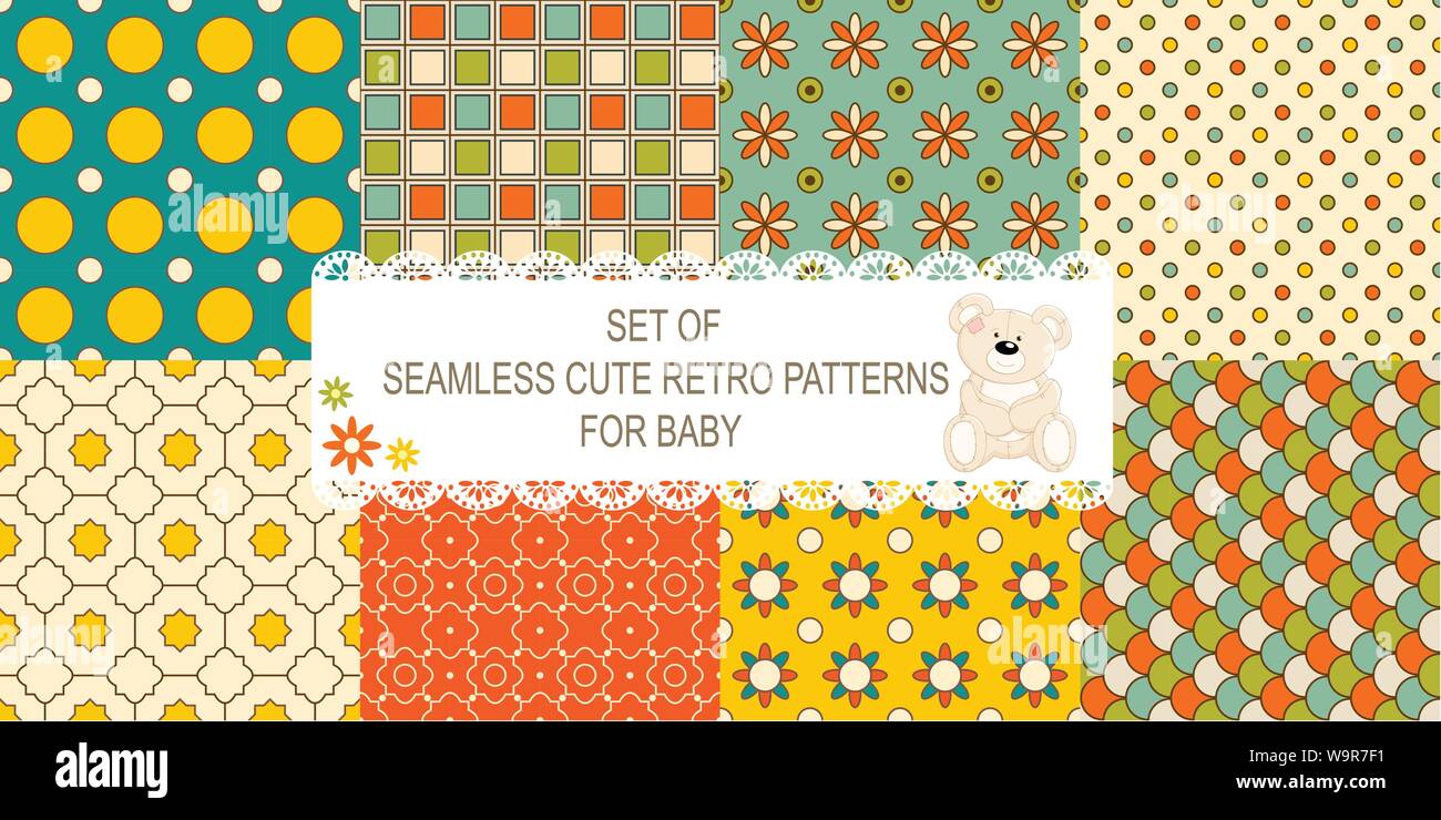 Set de 8 différents modèles retro seamless vector (carrelage) de bleu, ivoire, rose et vert. Texture sans fin peut être utilisé pour trames, web p Illustration de Vecteur