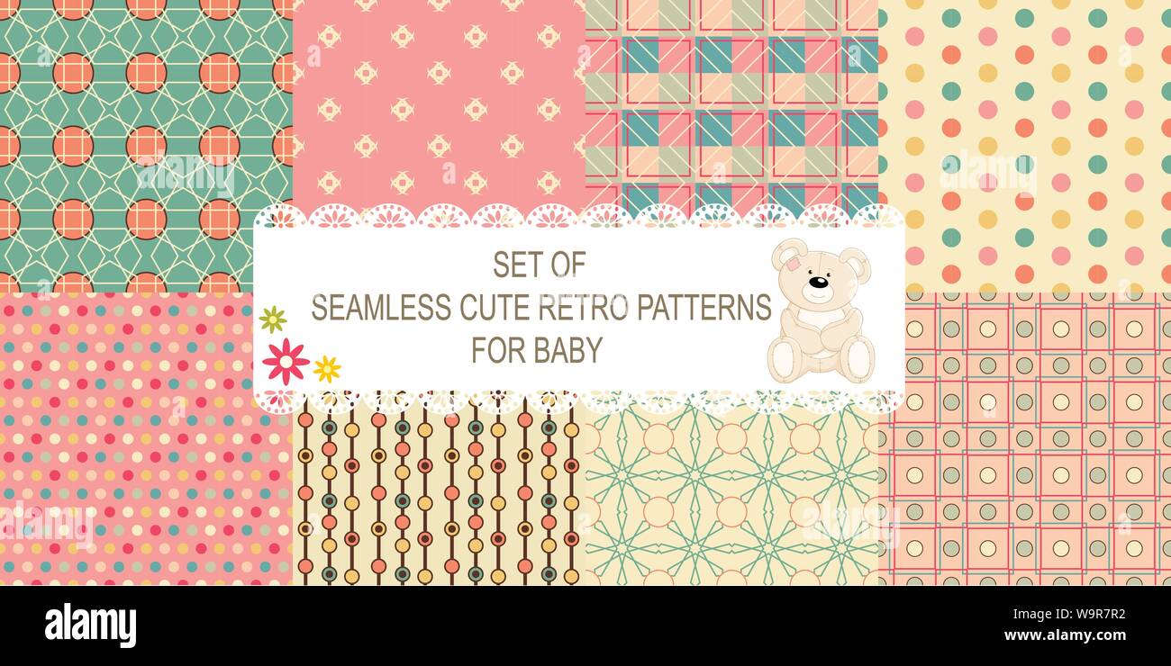 Set de 8 différents modèles retro seamless vector (carrelage) de bleu, ivoire, rose et vert. Texture sans fin peut être utilisé pour trames, web p Illustration de Vecteur