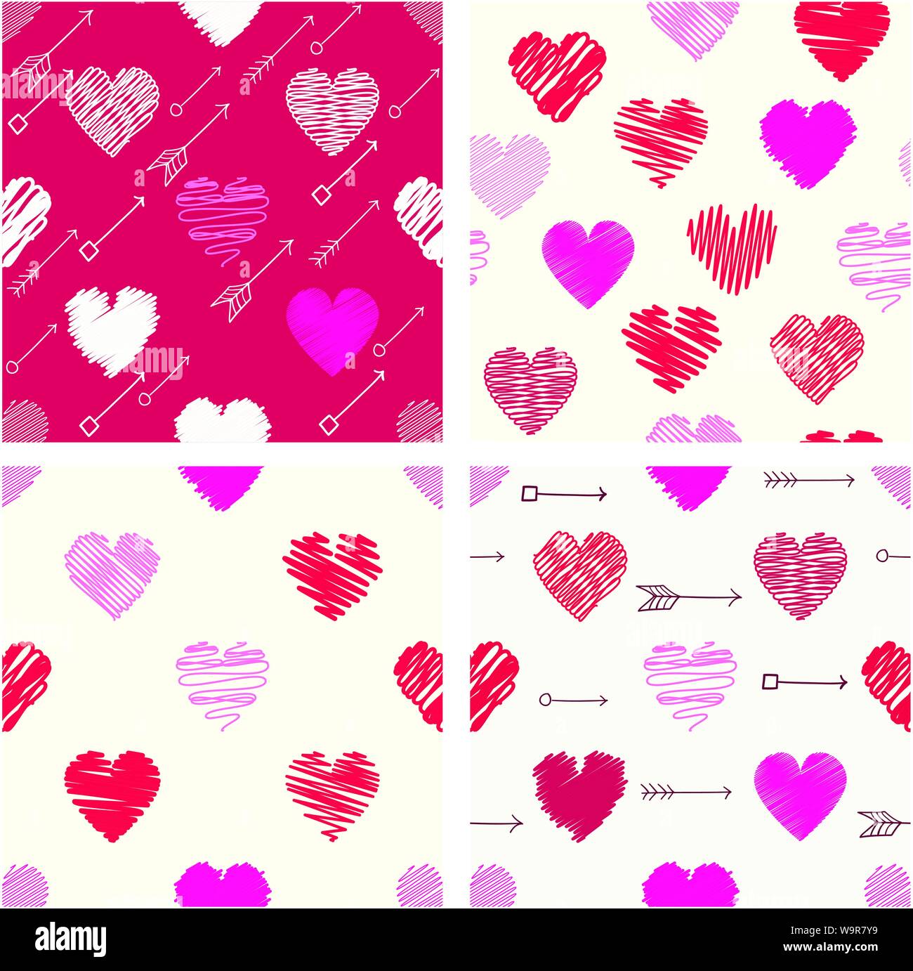 Ensemble de quatre différents modèles géométriques vecteur valentine transparent (carrelage) avec des coeurs et flèches. Texture sans fin peut être utilisé pour motif Illustration de Vecteur