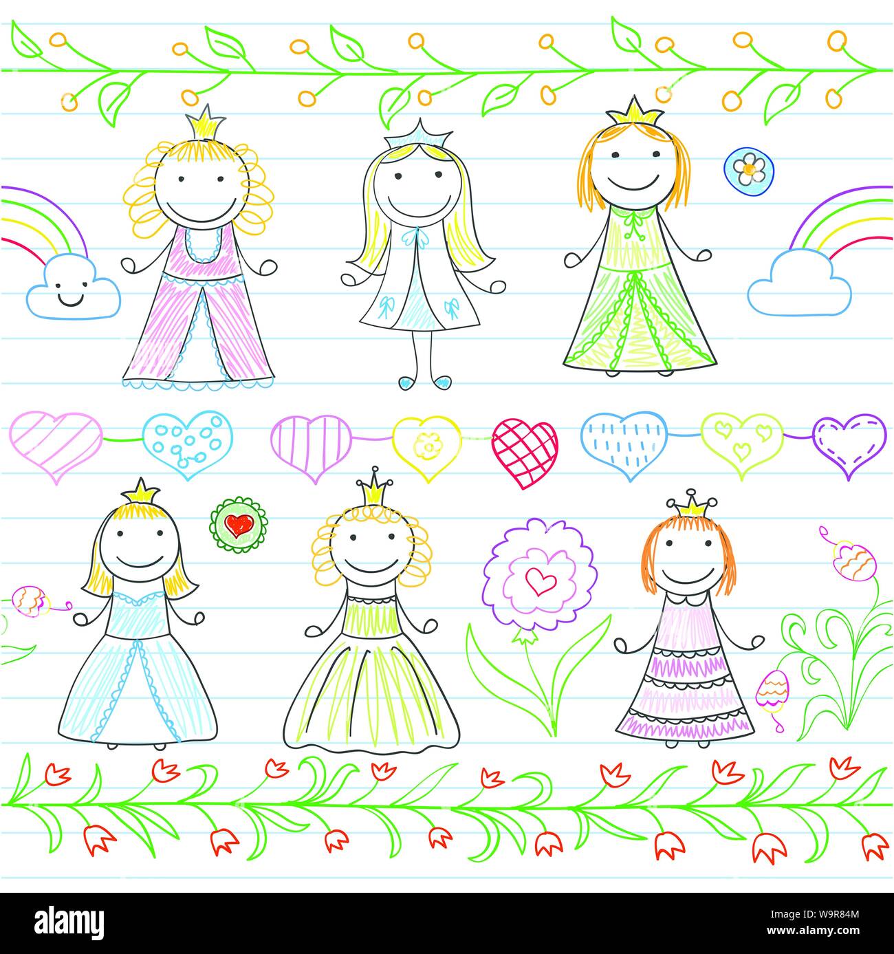 Fond transparent avec des bordures en style doodle et heureux petites princesses. Croquis sur la page de l'ordinateur portable Illustration de Vecteur