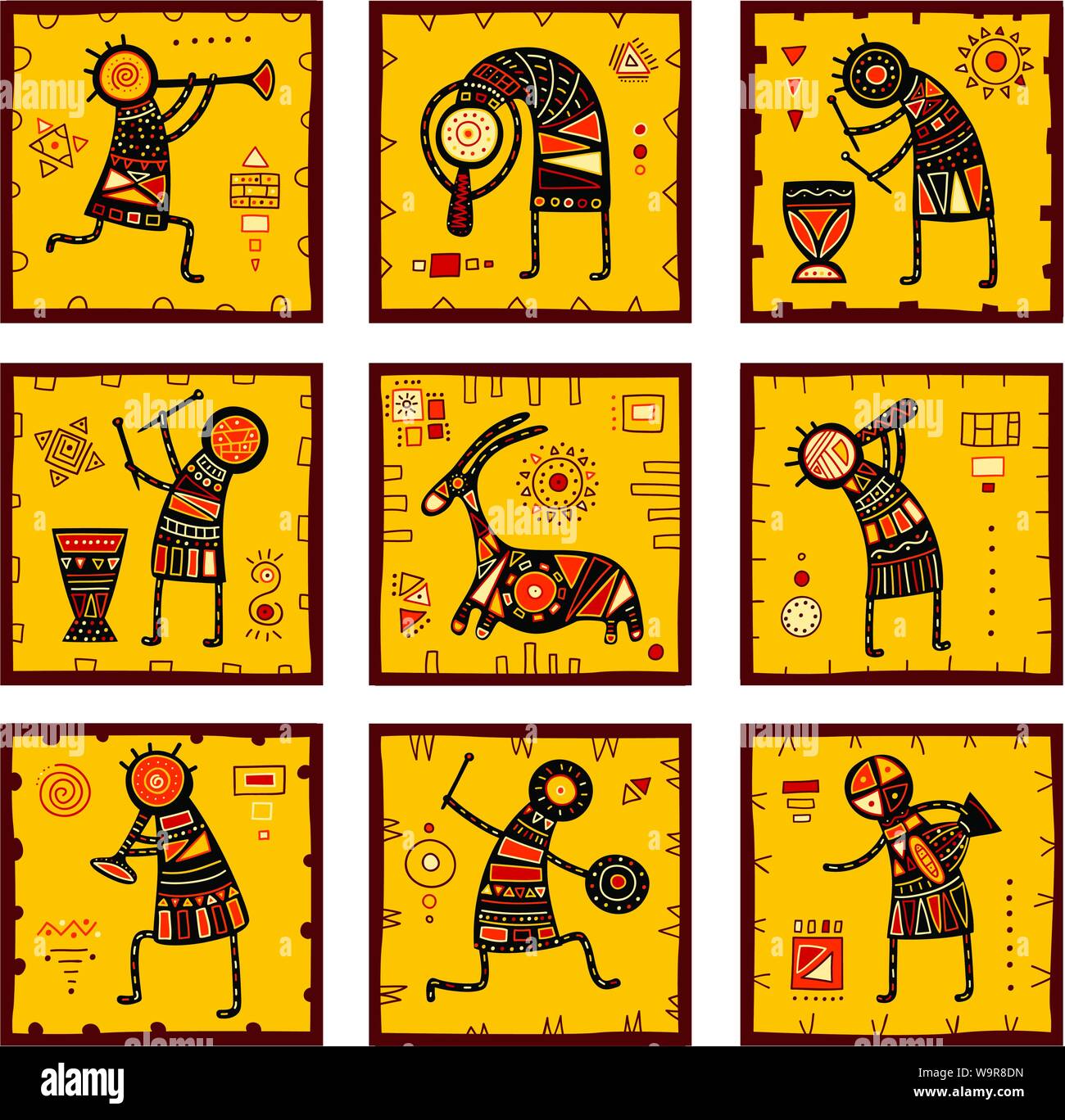 Collection de neuf patrons avec ornements ethniques africains avec des musiciens et des danses de jaune, orange, noir et rouge. Spe8 Illustration de Vecteur