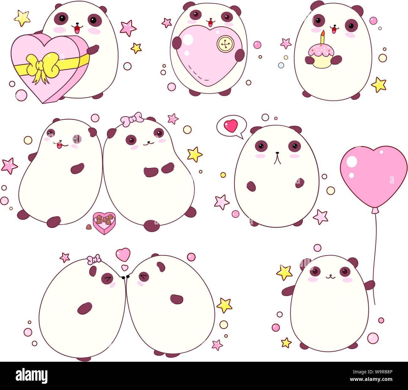Collection d'adorables pandas Saint-Valentin avec différentes émotions dans le style kawaii. Spe8 Illustration de Vecteur