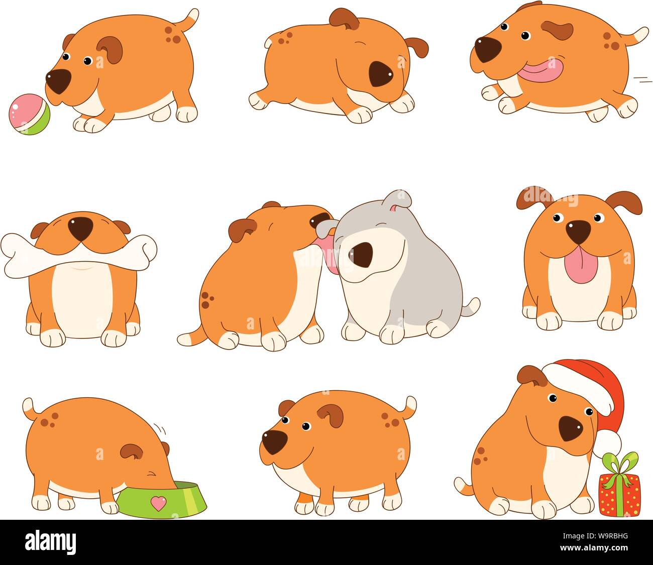 Jeu de cute le chien rouge dans le style kawaii. Drôle, heureux, rire, jouer, dormir, manger, courir, avec l'os, avec un ami. Spe8 Illustration de Vecteur